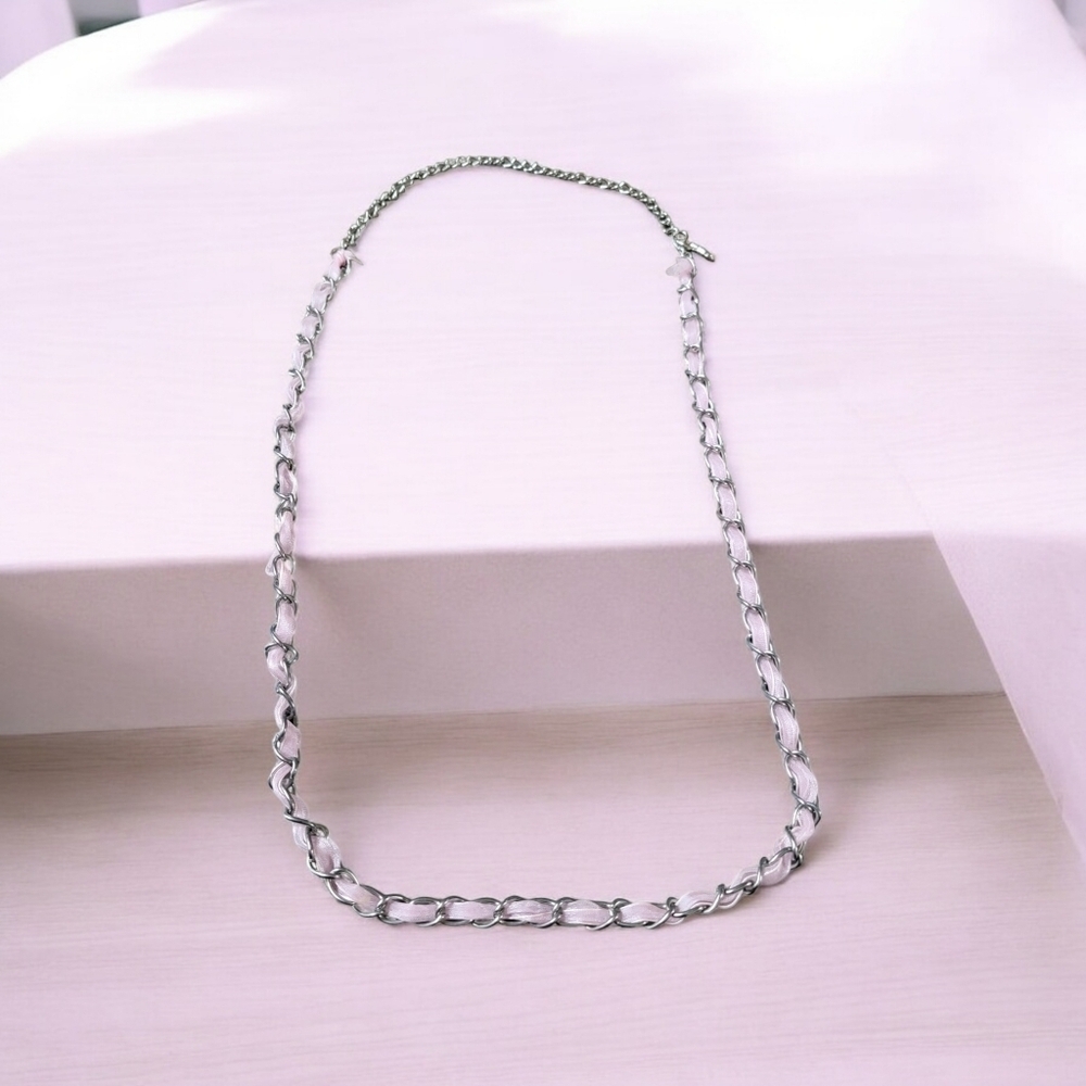 Silver and Pink Ribbon Lace Necklace